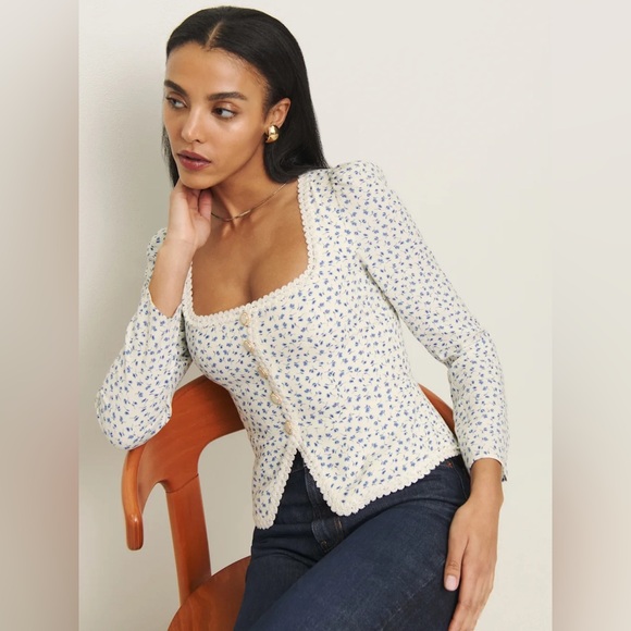 Reformation Tops - Reformation Cream Floral Button-Front Blouse with Blue Print